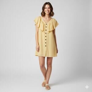 Main Strip Yellow Ruffle Mini Dress V-Neck Sleeveless Spring Resort Style Medium